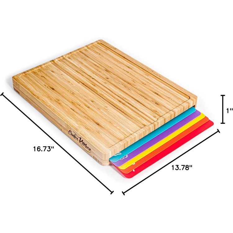 Bamboo Cutting Board Set - Easy-to-Clean Wood Cutting Board Set with 6 Color-Coded Flexible Plastic Cutting Boards with Food Icons - Wooden Cutting Boards For Kitchen - Wooden Chopping Board Set