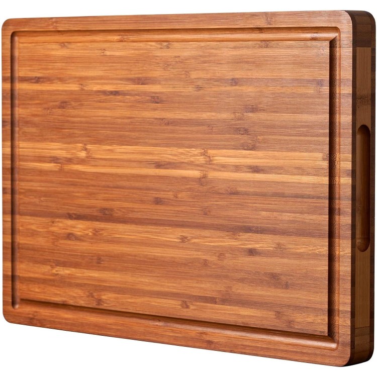 Bamboo Wood Cutting Board for Kitchen, 1 Thick Butcher Block, Cheese Charcuterie Board, with Side Handles and Juice Grooves, 16x11