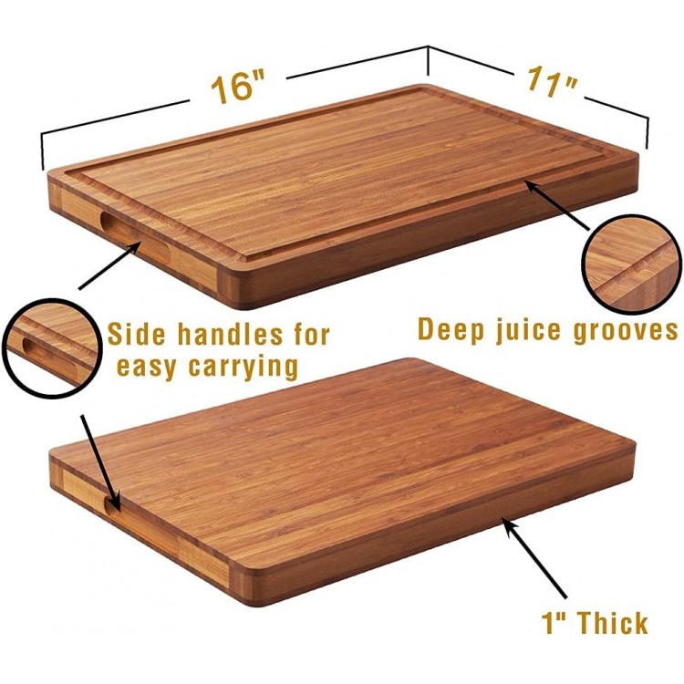 Bamboo Wood Cutting Board for Kitchen, 1 Thick Butcher Block, Cheese Charcuterie Board, with Side Handles and Juice Grooves, 16x11