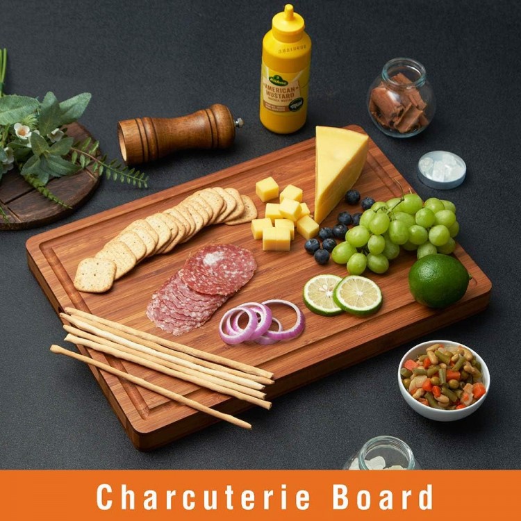 Bamboo Wood Cutting Board for Kitchen, 1 Thick Butcher Block, Cheese Charcuterie Board, with Side Handles and Juice Grooves, 16x11