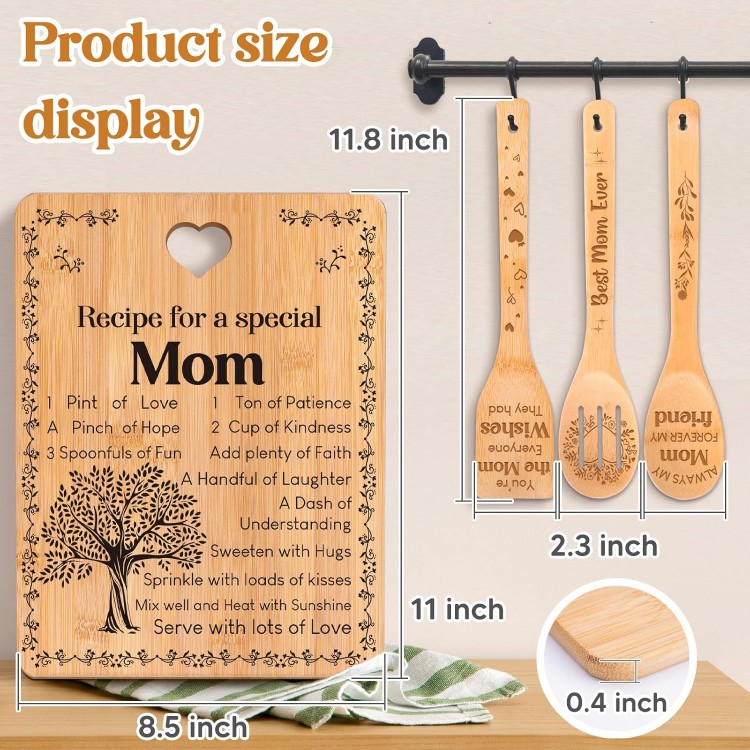 Gifts for Mom - Recipe for a Special Mom Mom Birthday Gifts Cutting Board Set, Bamboo-Made Engraved Utensil Set Mom Gifts, Birthday/Christmas for Mother Gifts from Daughter