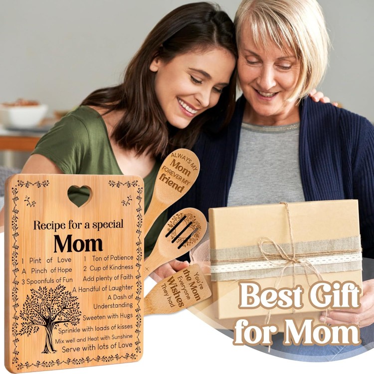 Gifts for Mom - Recipe for a Special Mom Mom Birthday Gifts Cutting Board Set, Bamboo-Made Engraved Utensil Set Mom Gifts, Birthday/Christmas for Mother Gifts from Daughter