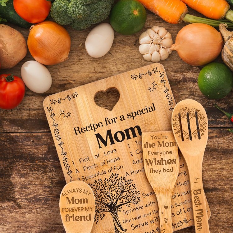 Gifts for Mom - Recipe for a Special Mom Mom Birthday Gifts Cutting Board Set, Bamboo-Made Engraved Utensil Set Mom Gifts, Birthday/Christmas for Mother Gifts from Daughter