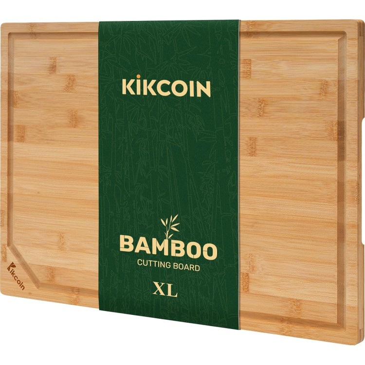 Bamboo Cutting Boards for Kitchen, Extra Large Wood Cutting Board with Deep Juice Groove and Handle Heavy Duty Chopping board, Kikcoin, 17.6 x 12