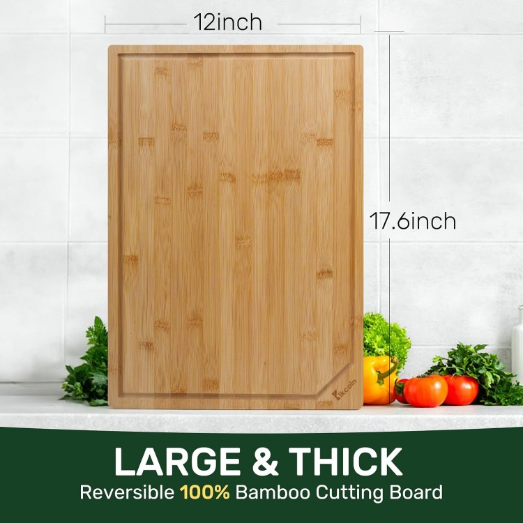 Bamboo Cutting Boards for Kitchen, Extra Large Wood Cutting Board with Deep Juice Groove and Handle Heavy Duty Chopping board, Kikcoin, 17.6 x 12