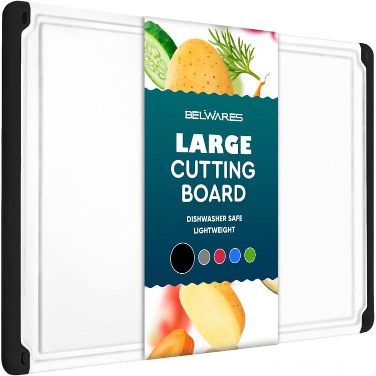 Plastic Cutting Boards for Kitchen - Large 18 x 12 Inch Rubber Cutting Board with Juice Grooves, Non-Slip, Dishwasher Safe Cutting Boards - Thick, Durable Carving and Cutting Board for Meat - Belwares