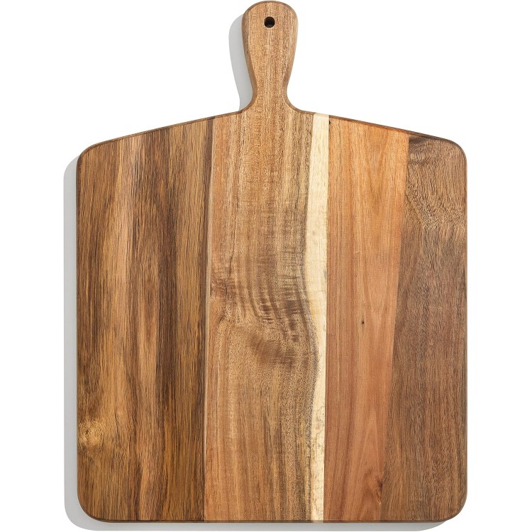 Acacia Wood Cutting Board and Chopping Board with Handle for Meat, Cheese Board, Vegetables, Bread, and Charcuterie - Decorative Wooden Serving Board for Kitchen and Dining Room, Large 17” x 13”