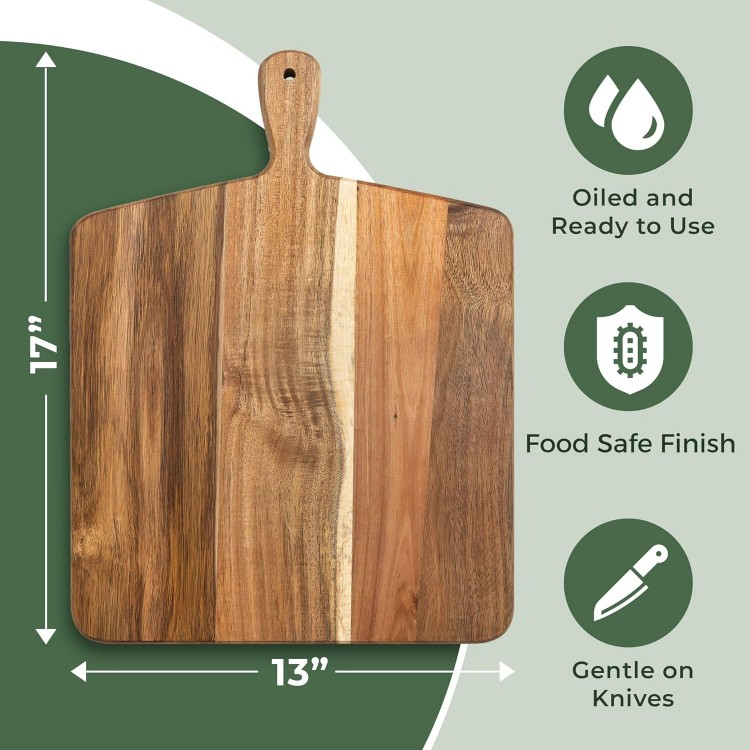 Acacia Wood Cutting Board and Chopping Board with Handle for Meat, Cheese Board, Vegetables, Bread, and Charcuterie - Decorative Wooden Serving Board for Kitchen and Dining Room, Large 17” x 13”