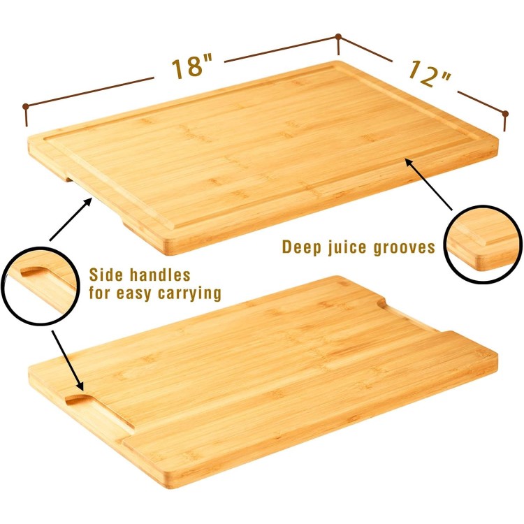 Bamboo Cutting Board for Kitchen, 18 Large Wood Charcuterie Cheese Board, Wooden Chopping Block with Side Handles and Juice Grooves