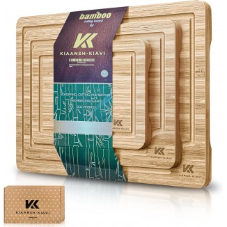 Wood Cutting Boards for Kitchen-Bamboo Cutting Board Set of 3, with Juice Grooves, Thick Chopping Board handles., Large, Natural