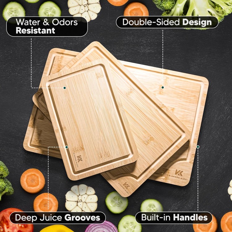 Wood Cutting Boards for Kitchen-Bamboo Cutting Board Set of 3, with Juice Grooves, Thick Chopping Board handles., Large, Natural