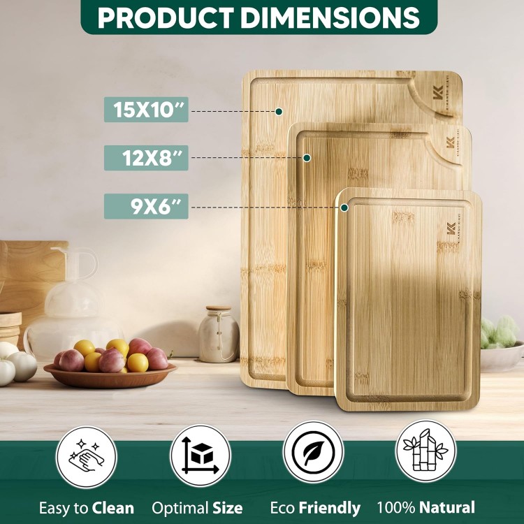 Wood Cutting Boards for Kitchen-Bamboo Cutting Board Set of 3, with Juice Grooves, Thick Chopping Board handles., Large, Natural