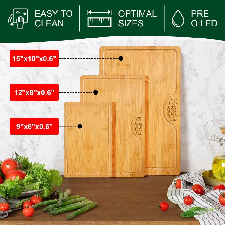 Wood Cutting Boards for Kitchen - 3 Sets Bamboo Cutting Boards with Juice Grooves, Non Toxin Cutting Board, Perfect for Chopping, Charcuterie, Serving Boards, Housewarming Gifts, Max-size 15 x 10