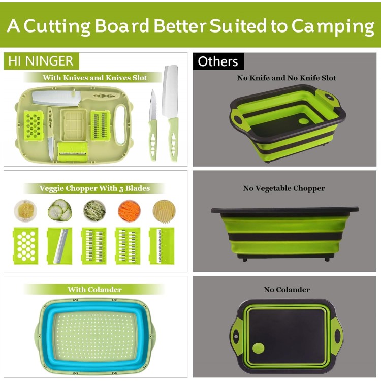 Camping Cutting Board, HI NINGER Collapsible Chopping Board with Colander, 9-In-1 Multi Chopping Board Kitchen Vegetable Washing Basket for Camping,Camping Gifts Camping Accessories for RV Campers