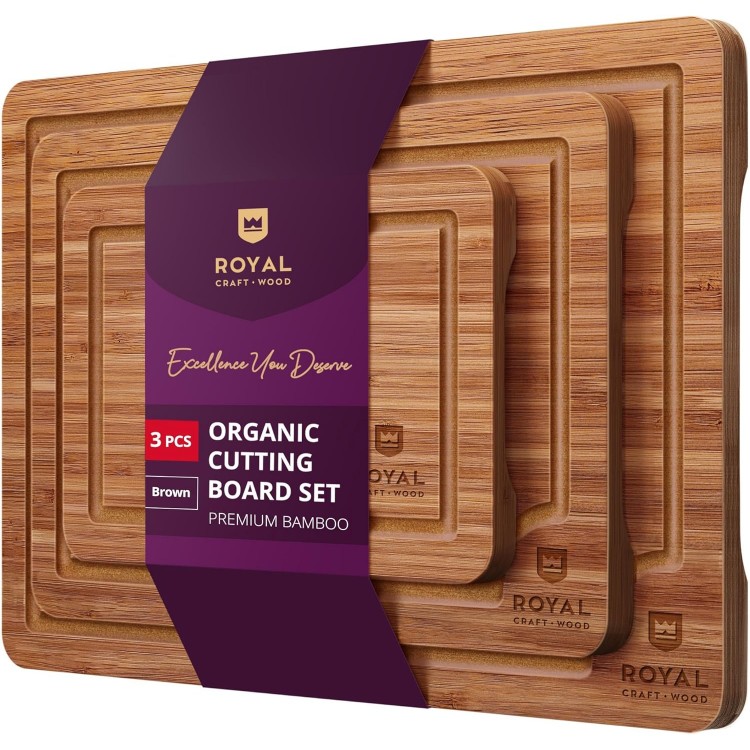 ROYAL CRAFT WOOD Wooden Cutting Boards for Kitchen Meal Prep & Serving - Bamboo Wood Serving Board Set with Deep Juice Groove Side Handles - Charcuterie & Chopping Butcher Block for Meat (3 Pcs)