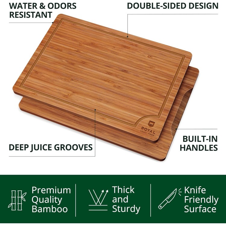 ROYAL CRAFT WOOD Wooden Cutting Boards for Kitchen Meal Prep & Serving - Bamboo Wood Serving Board Set with Deep Juice Groove Side Handles - Charcuterie & Chopping Butcher Block for Meat (3 Pcs)