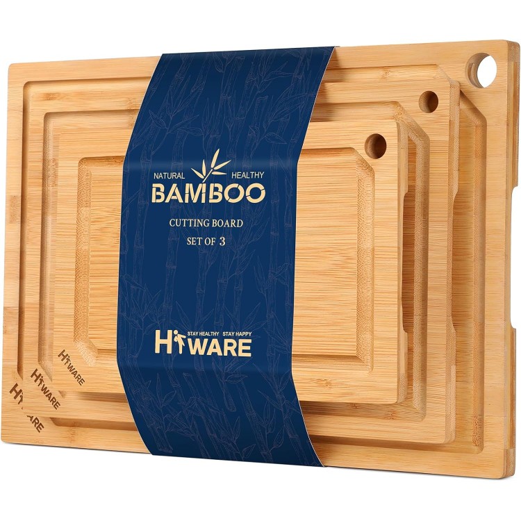 Hiware Wood Cutting Boards for Kitchen, Heavy Duty Bamboo Cutting Board with Juice Groove, Bamboo Chopping Board Set for Meat, Vegetables - Set of 3