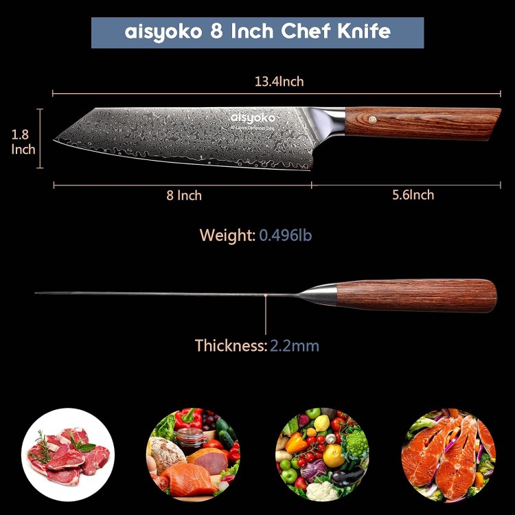 Chef Knife 8 Inch Damascus Japan VG-10 Super Stainless Steel Professional High Carbon Super Sharp Kitchen Cooking Knife, Ergonomic Color Wooden Handle Luxury Gift Box