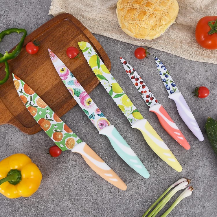 UPTRUST Knife Set, 10-piece Stainless Steel Kitchen Knife Set Nonstick Coated with 5 Blade Guard, Multicolored Fruit Knives, Pioneer Woman Knife Set