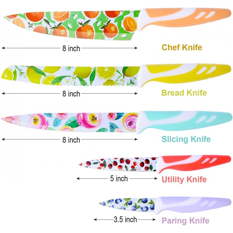 UPTRUST Knife Set, 10-piece Stainless Steel Kitchen Knife Set Nonstick Coated with 5 Blade Guard, Multicolored Fruit Knives, Pioneer Woman Knife Set