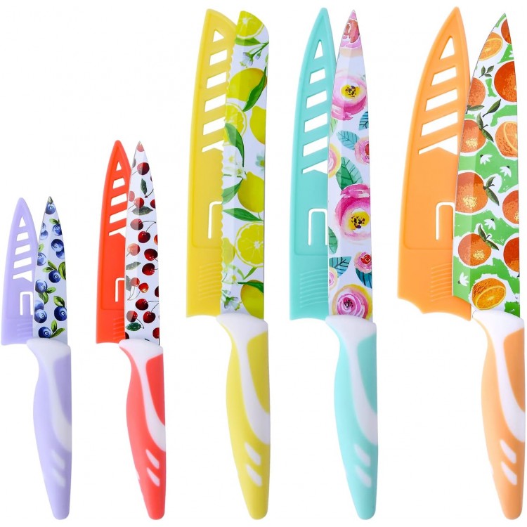 UPTRUST Knife Set, 10-piece Stainless Steel Kitchen Knife Set Nonstick Coated with 5 Blade Guard, Multicolored Fruit Knives, Pioneer Woman Knife Set