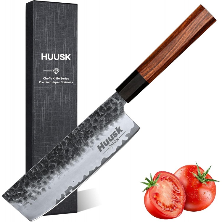 Huusk Knives from Japan, Nakiri Knife Japanese, 7 Inch Vegetable Cleaver, Hand Forged Kitchen Knives, High Carbon Steel Cooking Chef Knife with Gift Box, Multipurpose Asian Knife