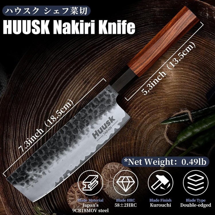 Huusk Knives from Japan, Nakiri Knife Japanese, 7 Inch Vegetable Cleaver, Hand Forged Kitchen Knives, High Carbon Steel Cooking Chef Knife with Gift Box, Multipurpose Asian Knife