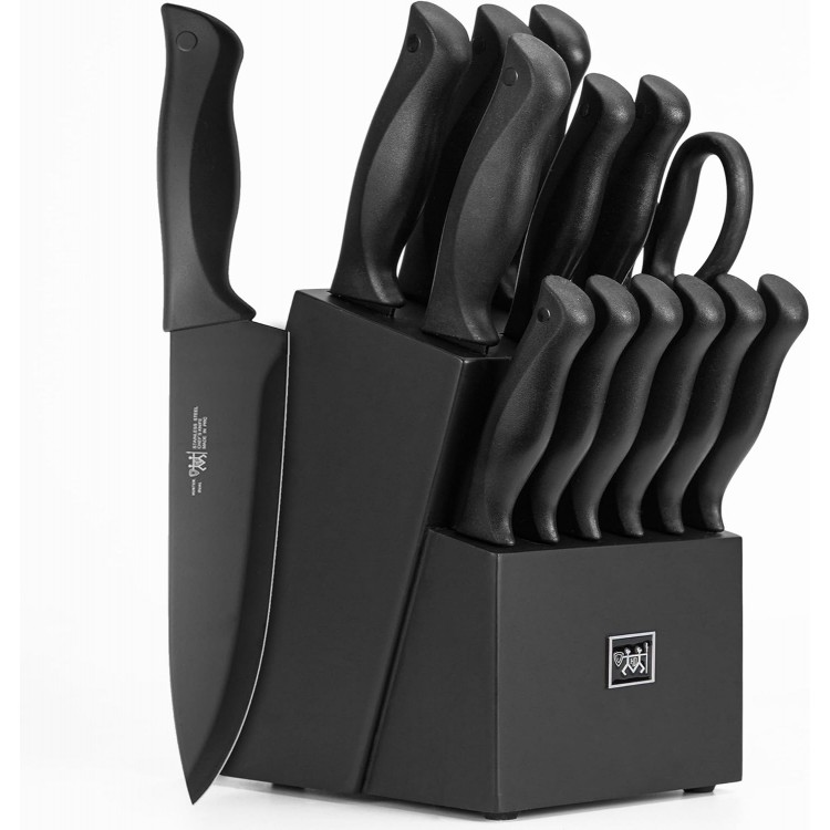 Knife Sets for Kitchen with Block, HUNTER.DUAL 15 Pcs Kitchen Knife Set with Block Self Sharpening, Dishwasher Safe, Anti-slip Handle, Black