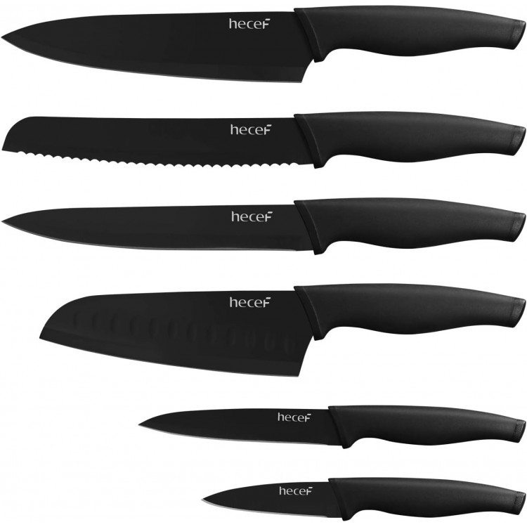 hecef Black Oxide Knife Set of 6 with Matching Blade Protective Sheath, Black Kitchen Knife Set, Scratch Resistant & Rust Proof, Hard Stainless Steel, Non Stick Black Color Coating Blade Knives