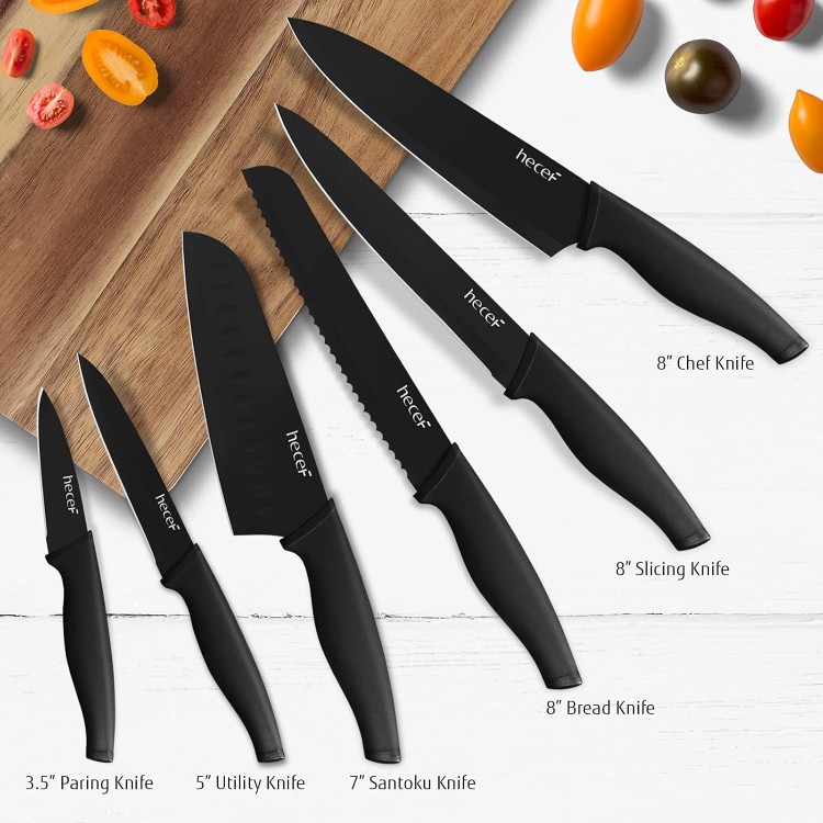 hecef Black Oxide Knife Set of 6 with Matching Blade Protective Sheath, Black Kitchen Knife Set, Scratch Resistant & Rust Proof, Hard Stainless Steel, Non Stick Black Color Coating Blade Knives