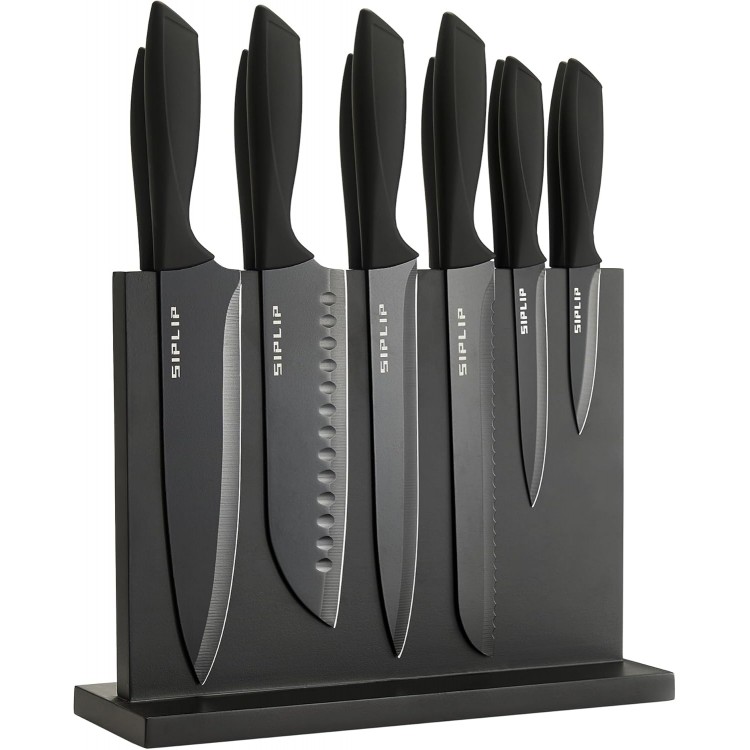 Kitchen knife set with Magnetic knife holder, 15 pieces high carbon stainless steel sharp kitchen knife set including chef's knife, bread knife, serrated steak knife set, knife sharpener