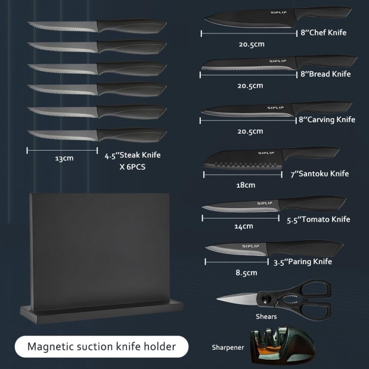 Kitchen knife set with Magnetic knife holder, 15 pieces high carbon stainless steel sharp kitchen knife set including chef's knife, bread knife, serrated steak knife set, knife sharpener