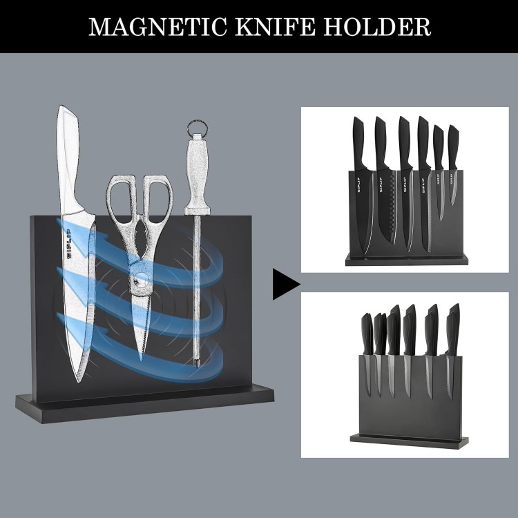 Kitchen knife set with Magnetic knife holder, 15 pieces high carbon stainless steel sharp kitchen knife set including chef's knife, bread knife, serrated steak knife set, knife sharpener