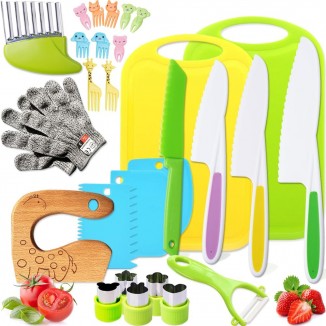 Kids Safe Knife Set for Toddlers Real Cooking - Toddler Knives Sets Kitchen Tools with Gloves Cutting Board Fruit Vegetable Crinkle Cutters