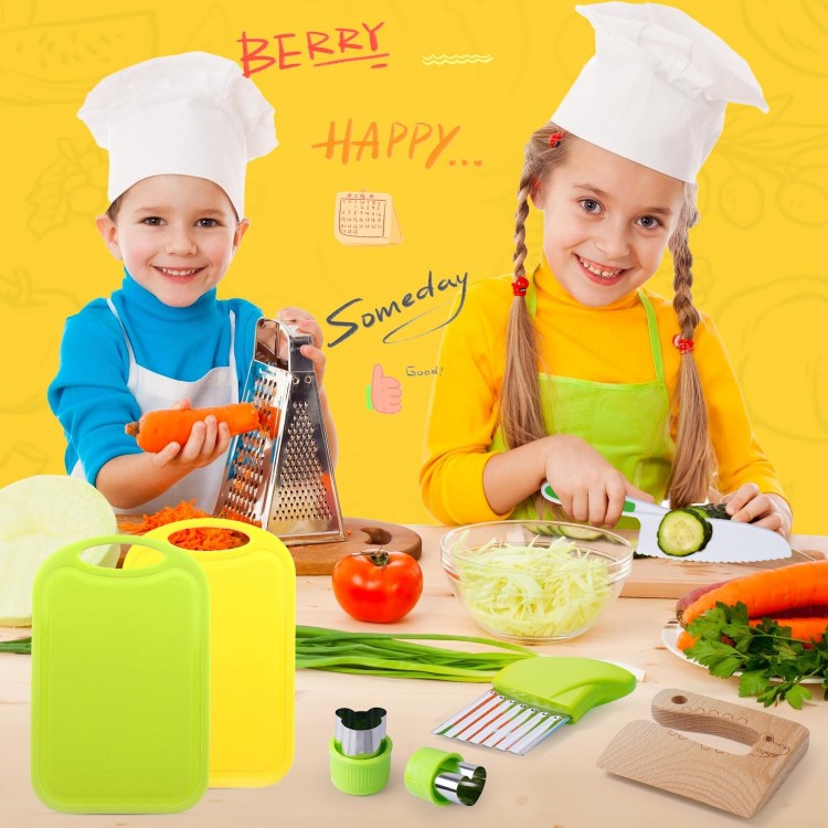 Kids Safe Knife Set for Toddlers Real Cooking - Toddler Knives Sets Kitchen Tools with Gloves Cutting Board Fruit Vegetable Crinkle Cutters