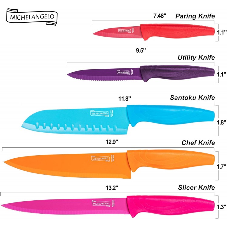 MICHELANGELO Knife Set, Sharp 10-Piece Kitchen Knife Set with Covers, Multicolor Knives, Stainless Steel Knives Set for Kitchen, 5 Rainbow Knives & 5 Sheath Covers