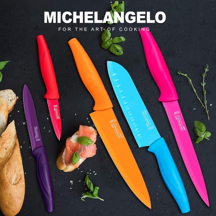 MICHELANGELO Knife Set, Sharp 10-Piece Kitchen Knife Set with Covers, Multicolor Knives, Stainless Steel Knives Set for Kitchen, 5 Rainbow Knives & 5 Sheath Covers