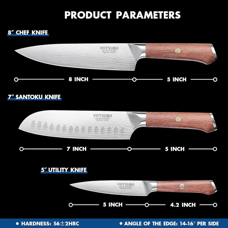 YOTSUBA Kitchen Knife Set, Chef Knife Set, Sharp High Carbon Stainless Steel Forged Blade Kitchen Knives Set with Ergonomic Rosewood Handle, Natural Wood