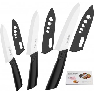 WACOOL Ceramic Knife Set with Sheaths, include 3-Piece: 6-inch Chef's Knife, 5-inch Utility Knife, 4-inch Fruit Paring Knife (Black Handle)