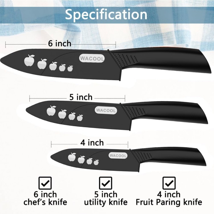 WACOOL Ceramic Knife Set with Sheaths, include 3-Piece: 6-inch Chef's Knife, 5-inch Utility Knife, 4-inch Fruit Paring Knife (Black Handle)