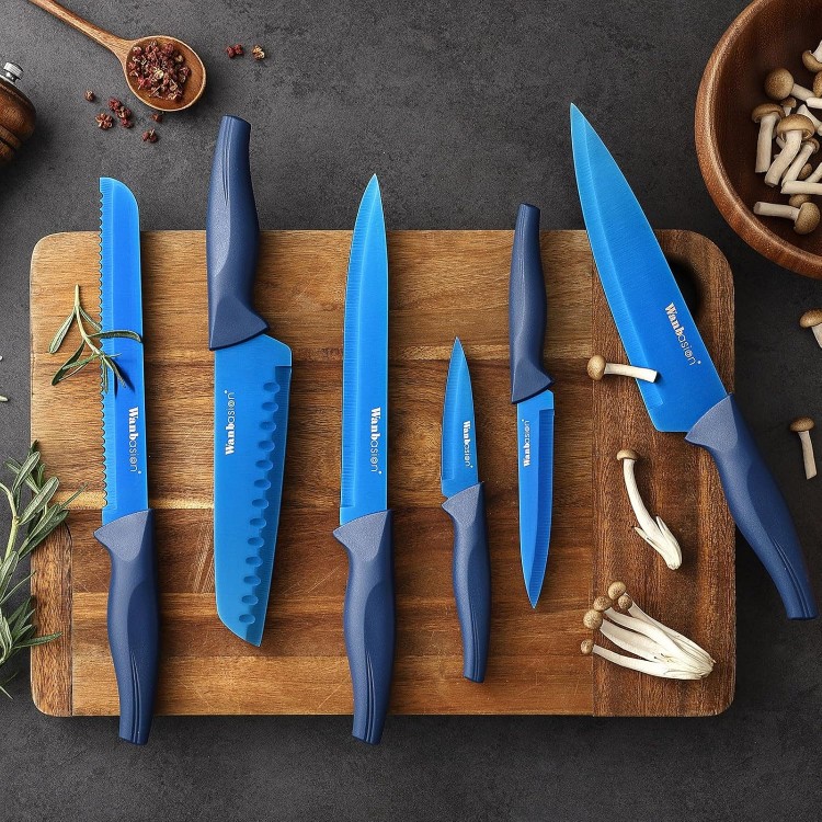 Wanbasion Blue Professional Kitchen Knife Chef Set, Stainless Steel, Dishwasher Safe with Sheathes