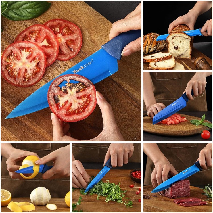 Wanbasion Blue Professional Kitchen Knife Chef Set, Stainless Steel, Dishwasher Safe with Sheathes