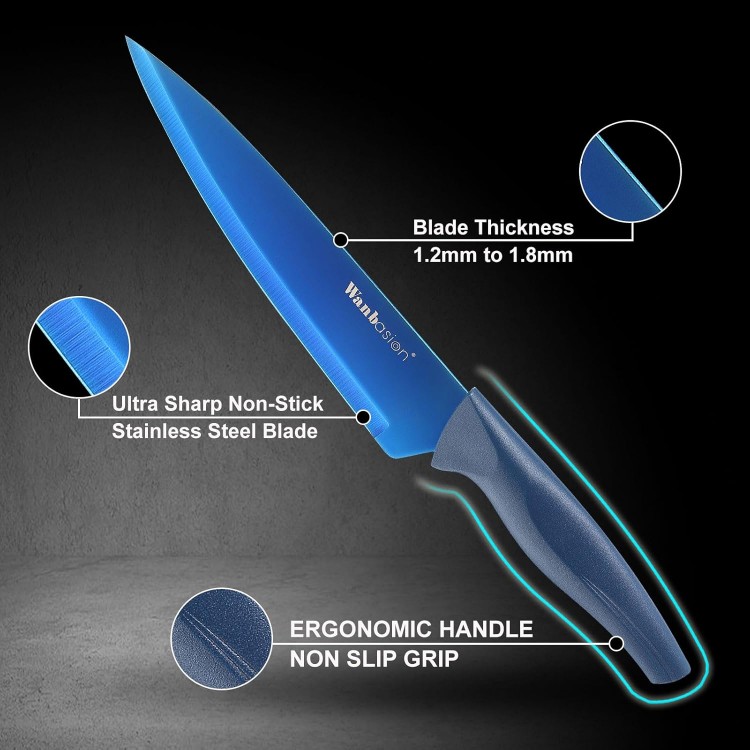 Wanbasion Blue Professional Kitchen Knife Chef Set, Stainless Steel, Dishwasher Safe with Sheathes