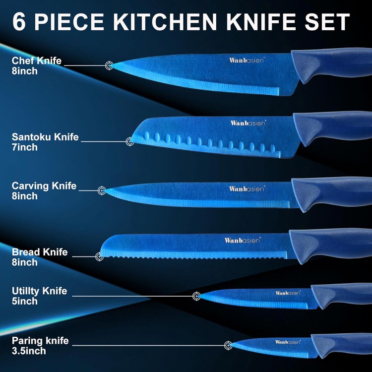 Wanbasion Blue Professional Kitchen Knife Chef Set, Stainless Steel, Dishwasher Safe with Sheathes