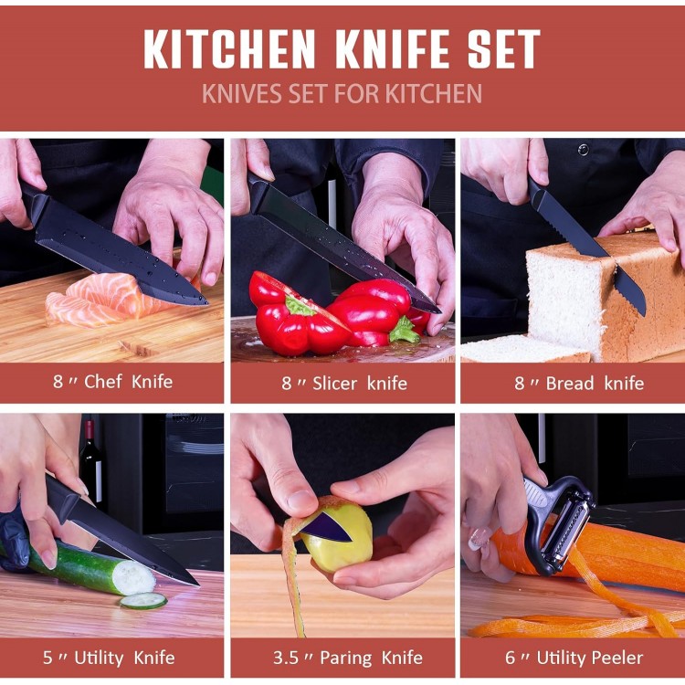 RAXCO 10-in-1 Knife Set -5 Kitchen Knifes,5 Kitchen Gadgets.Perfect for small kitchen,cuchillos para cocina(Black)