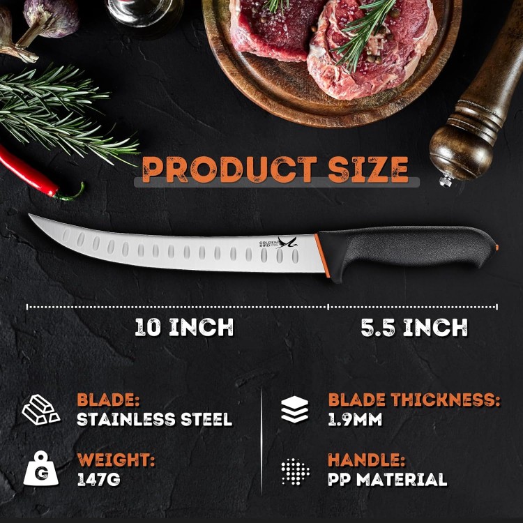 Golden Bird Professional Breaking Knife - 10 Inch Multifunction Butcher Breaking Knife for Meat Cutting, Stainless Steel Cimeter Knife, Razor Sharp Scimitar Knife, Granton Edge Carving Knife