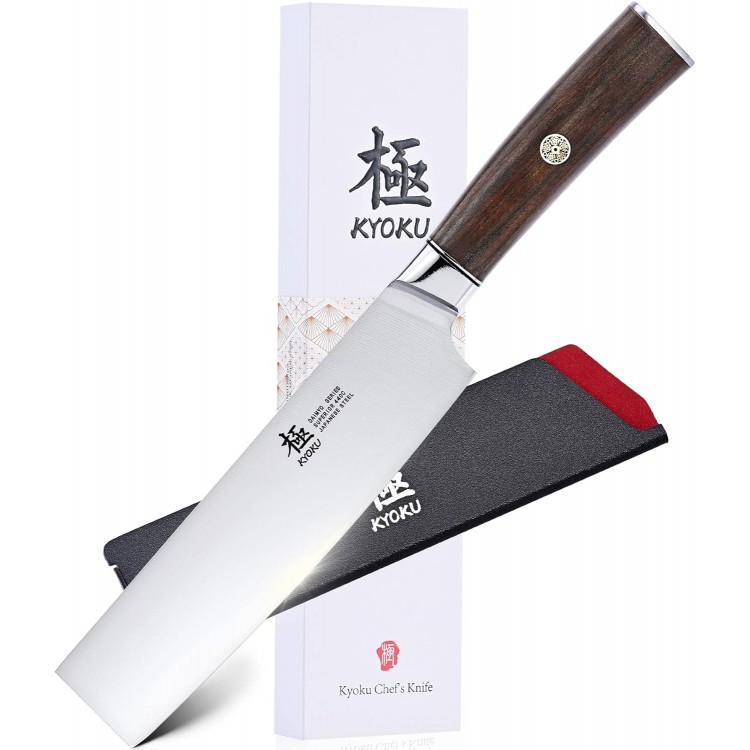 KYOKU 7 Inch Nakiri Knife - Daimyo Series - Vegetable Cleaver with Ergonomic Rosewood Handle, & Mosaic Pin - Japanese 440C Stainless Steel Kitchen Knife with Sheath & Case