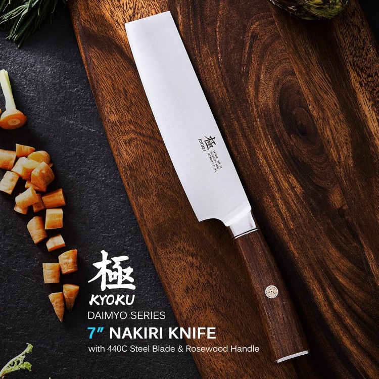 KYOKU 7 Inch Nakiri Knife - Daimyo Series - Vegetable Cleaver with Ergonomic Rosewood Handle, & Mosaic Pin - Japanese 440C Stainless Steel Kitchen Knife with Sheath & Case