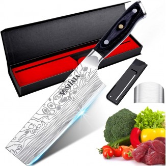 MOSFiATA 7” Nakiri Chef's Knife with Finger Guard, German High Carbon Stainless Steel EN1.4116 Vegetable Knife, Multipurpose Kitchen Knife with Micarta Handle in Gift Box