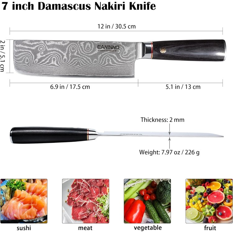 Damascus Nakiri Knife Japanese 7 inch, Asian Japan Vegetable Cleaver Professional 67 Layer VG-10 Damascus Steel Knife, Sharp Kitchen Knifes Wooden Handle